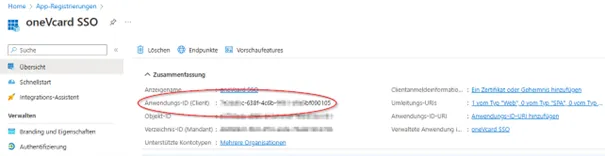 Übersichtsseite der erstellten App-Registrierung - Anwendungs-ID (client)