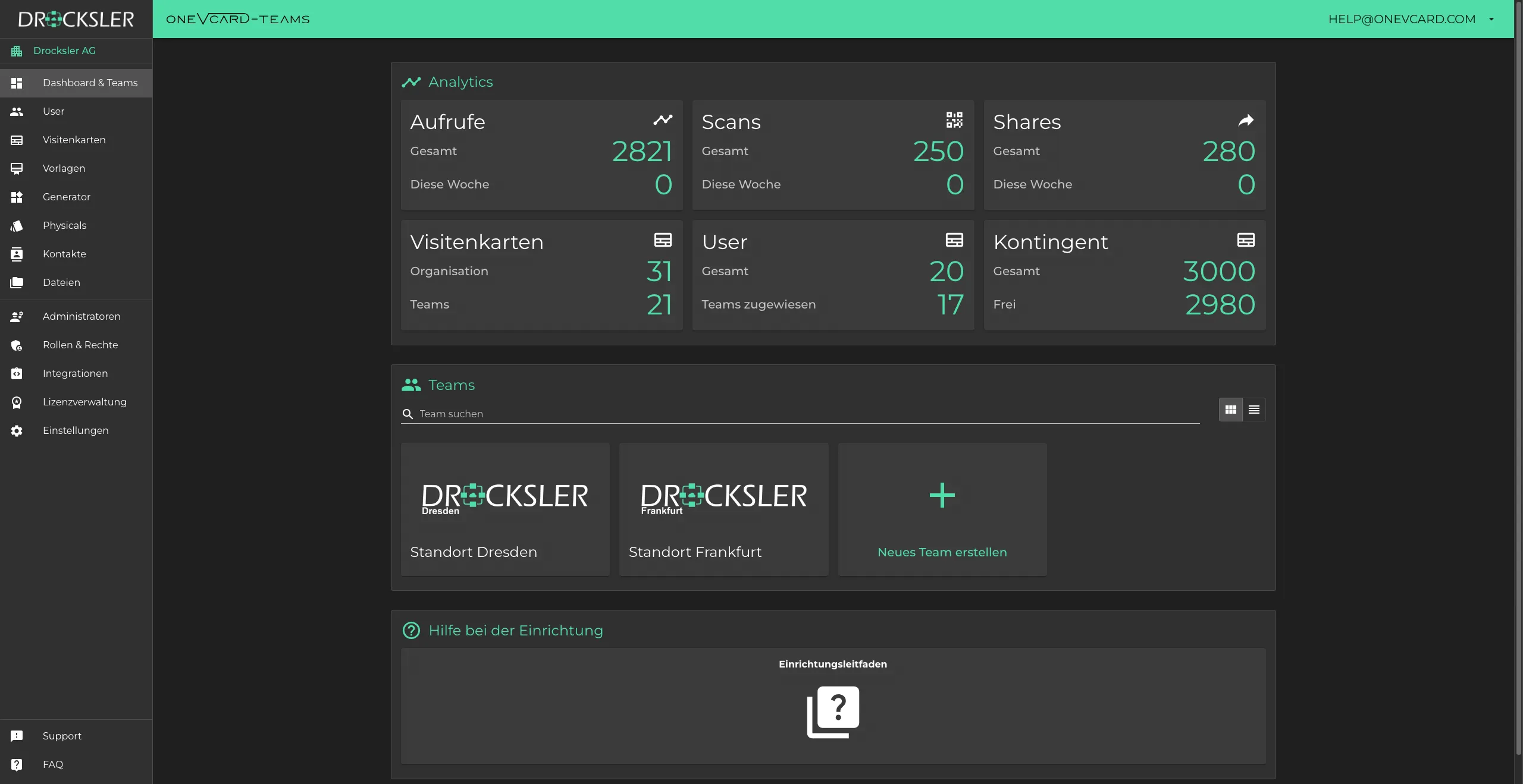 oneVcard Organisation Dashboard