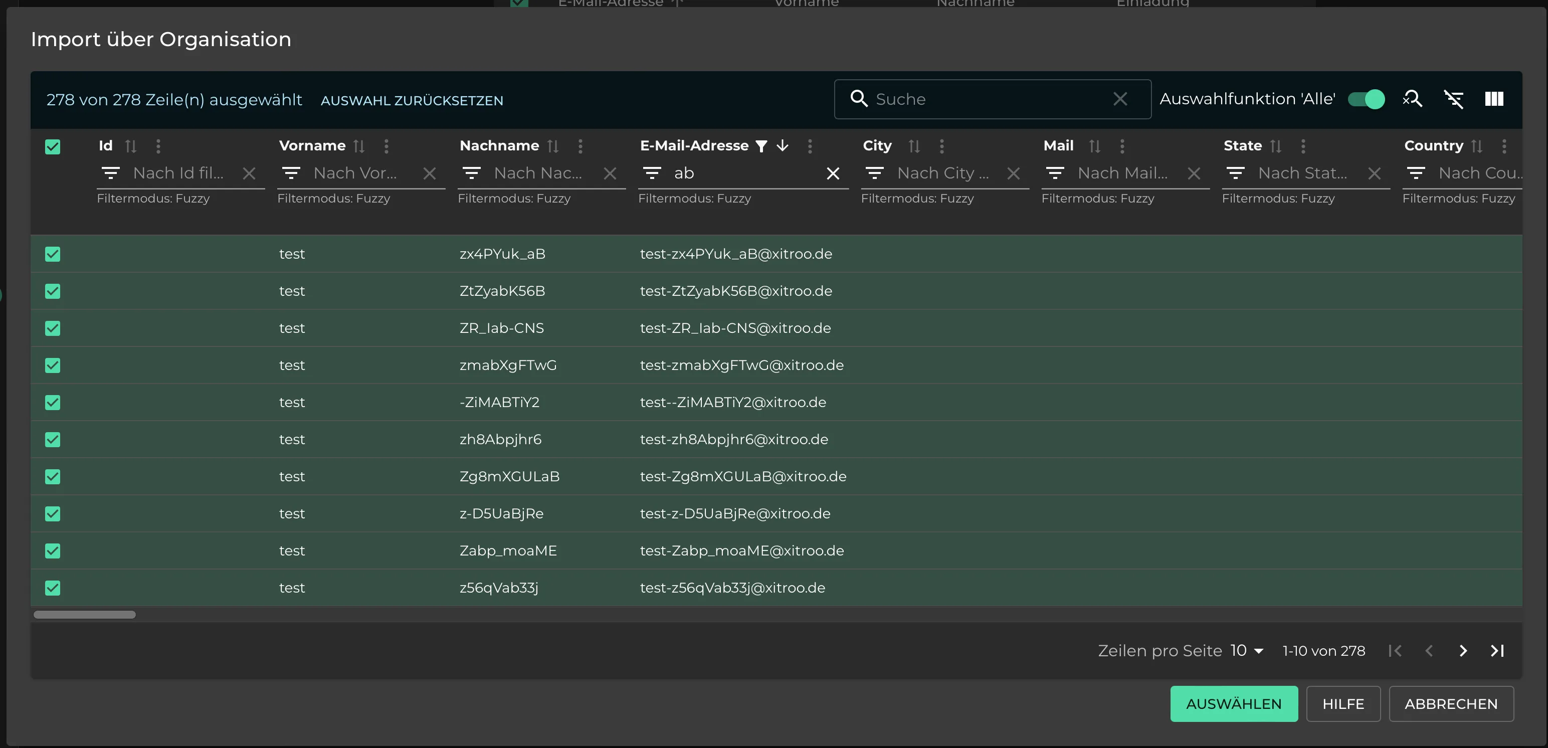 Page Selection Table Dialog