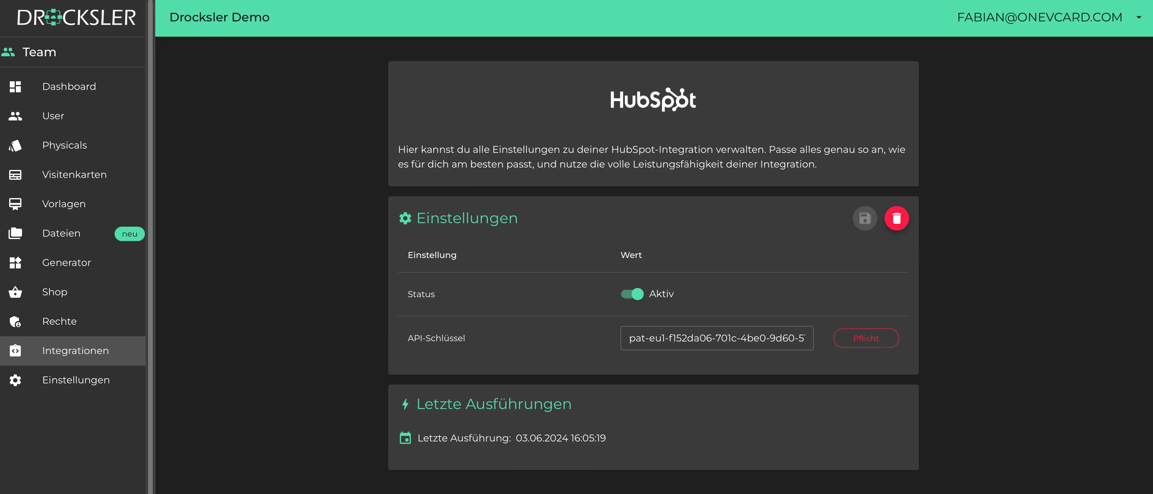 oneVcard Hubspot letzte Ausführung