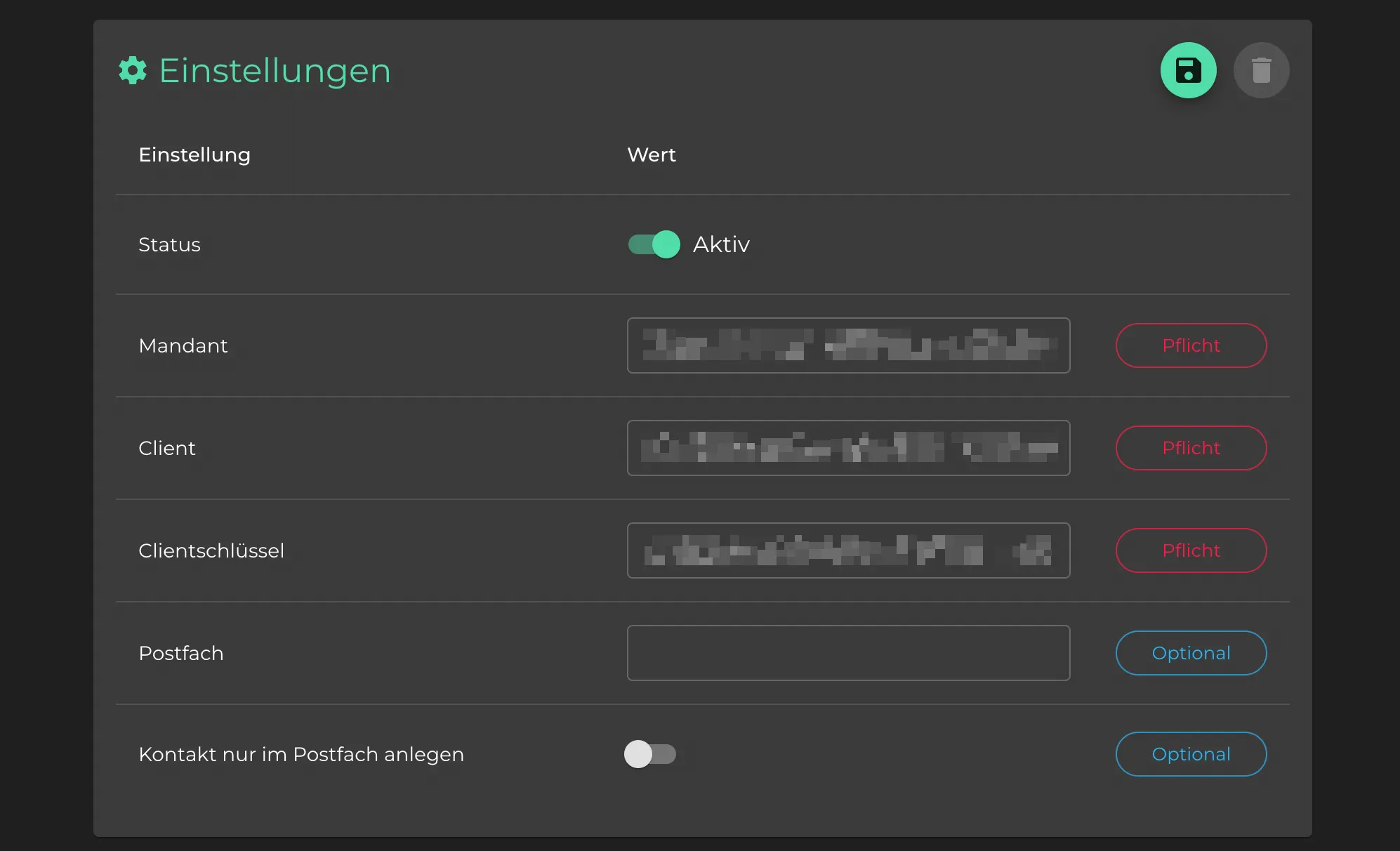 oneVcard Integrationsseite - Status