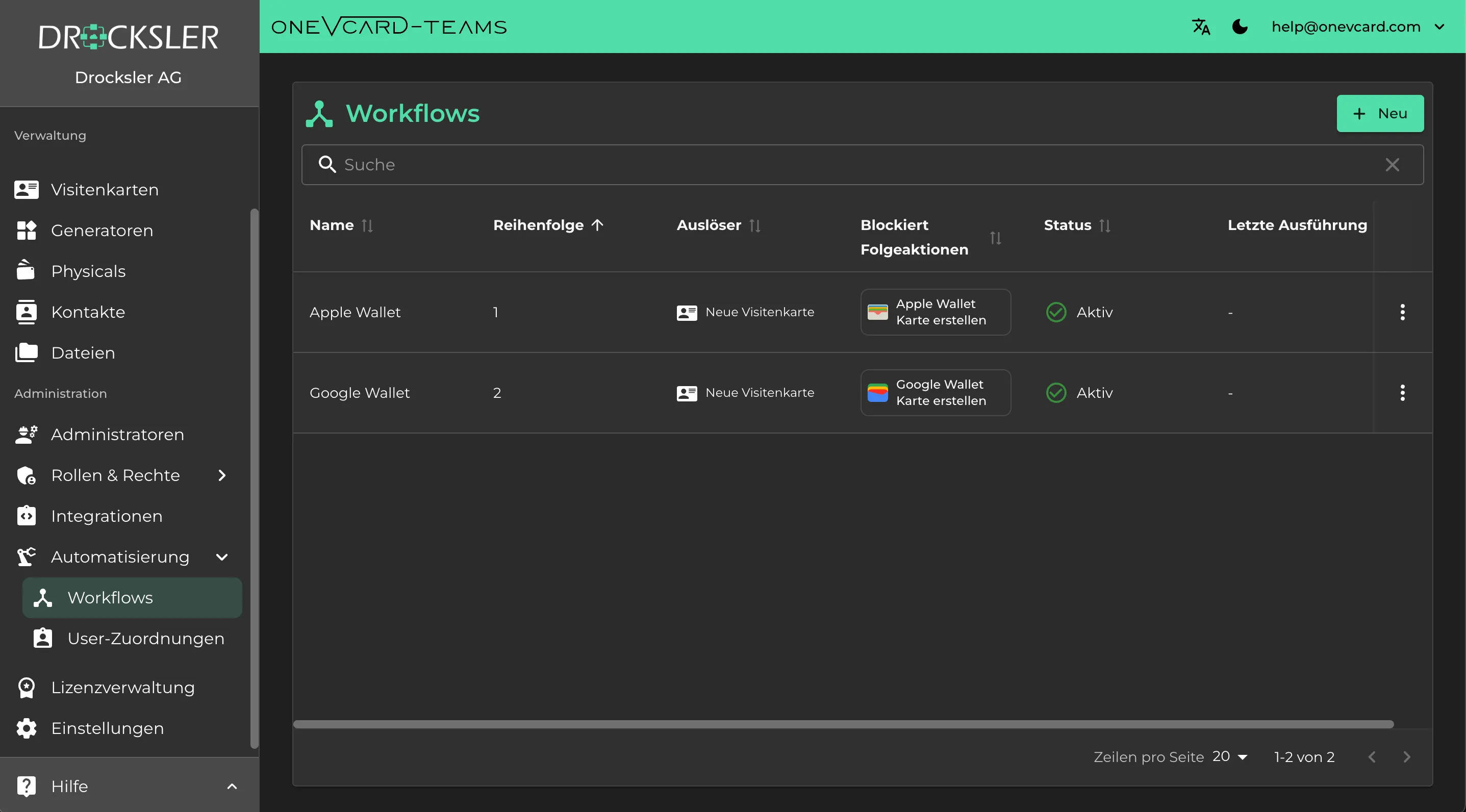 Workflow-Übersicht mit Liste der Workflows